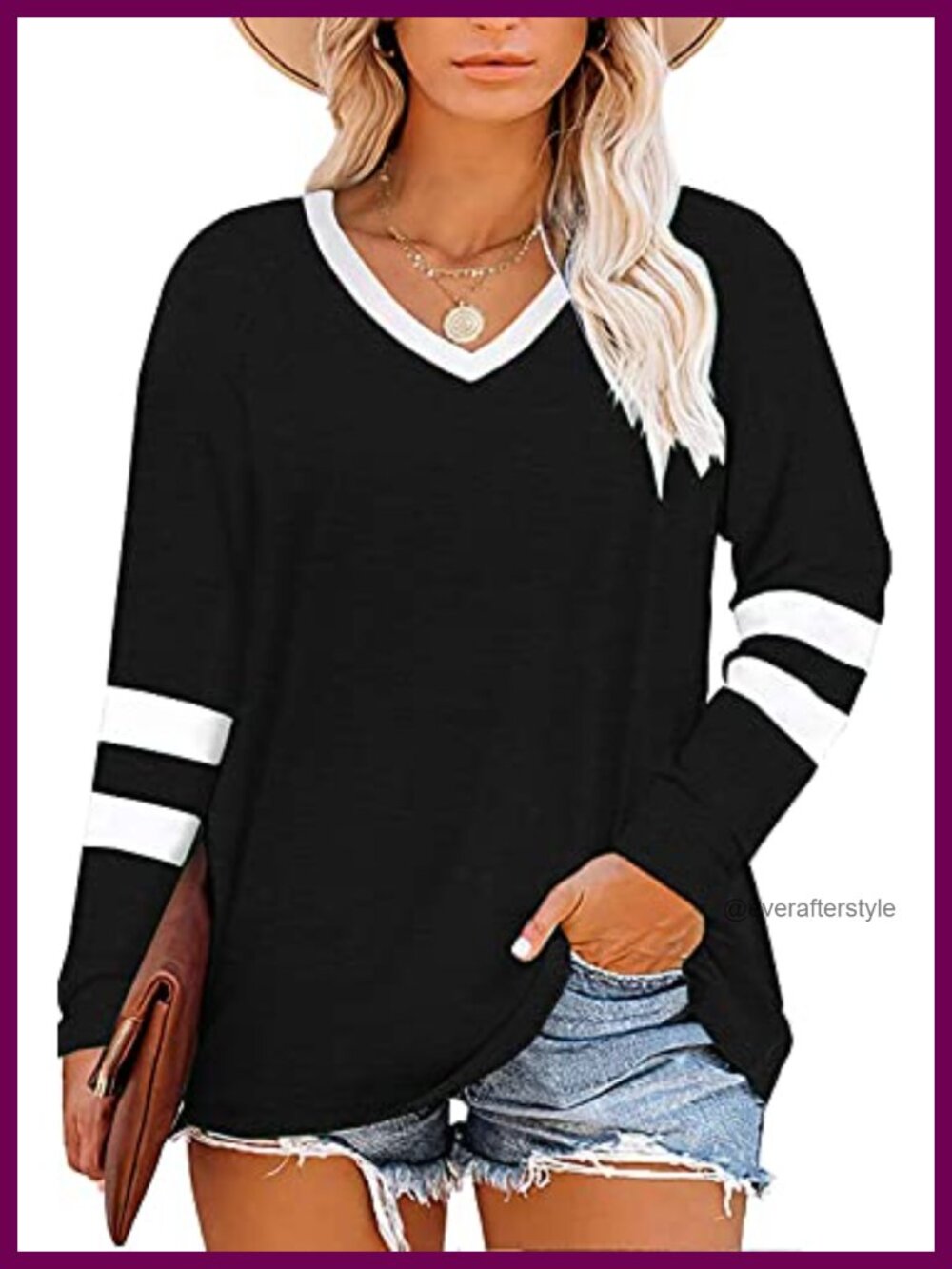 Plus Size Striped Tunic Long Sleeve V-Neck Color Block Loose Fit Shirt